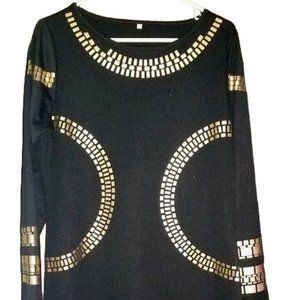 Black Midi Dress with Gold Decorative Design | Size XL | Stretch Fabric